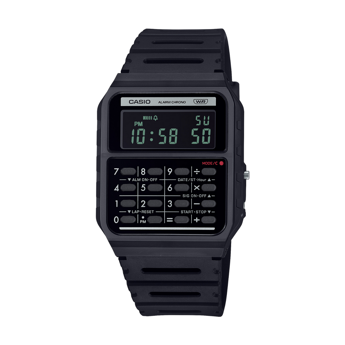 Black Casio digital watch with calculator functions on a white background