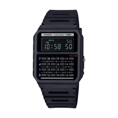 Black Casio digital watch with calculator functions on a white background