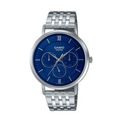 Casio watch with blue face and silver metal strap on a white background
