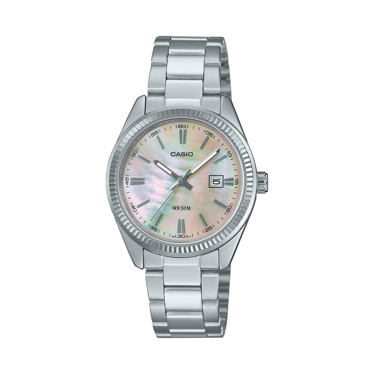 Silver Casio watch with a multicolor face