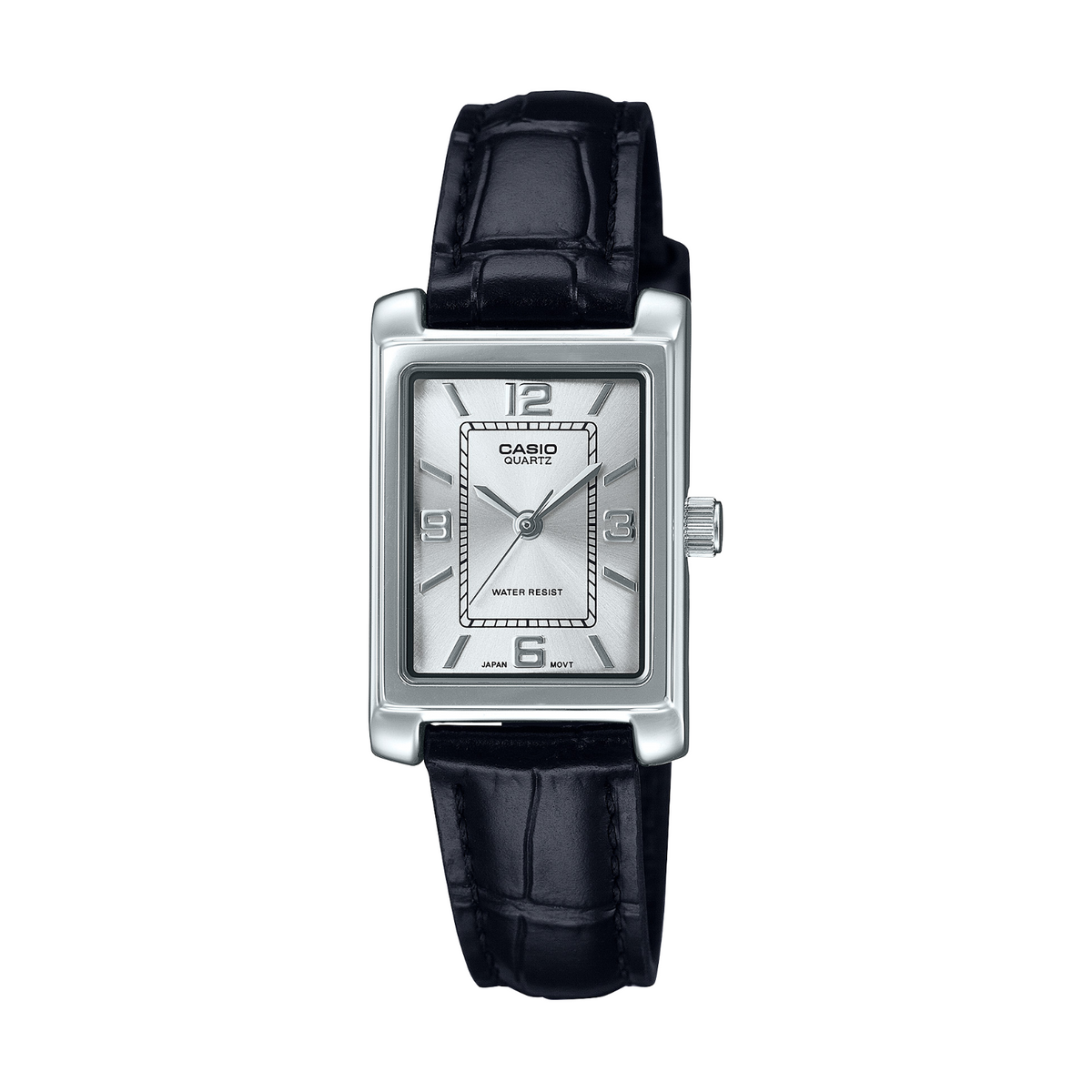 Casio watch with black leather strap on a white background