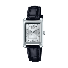 Casio watch with black leather strap on a white background