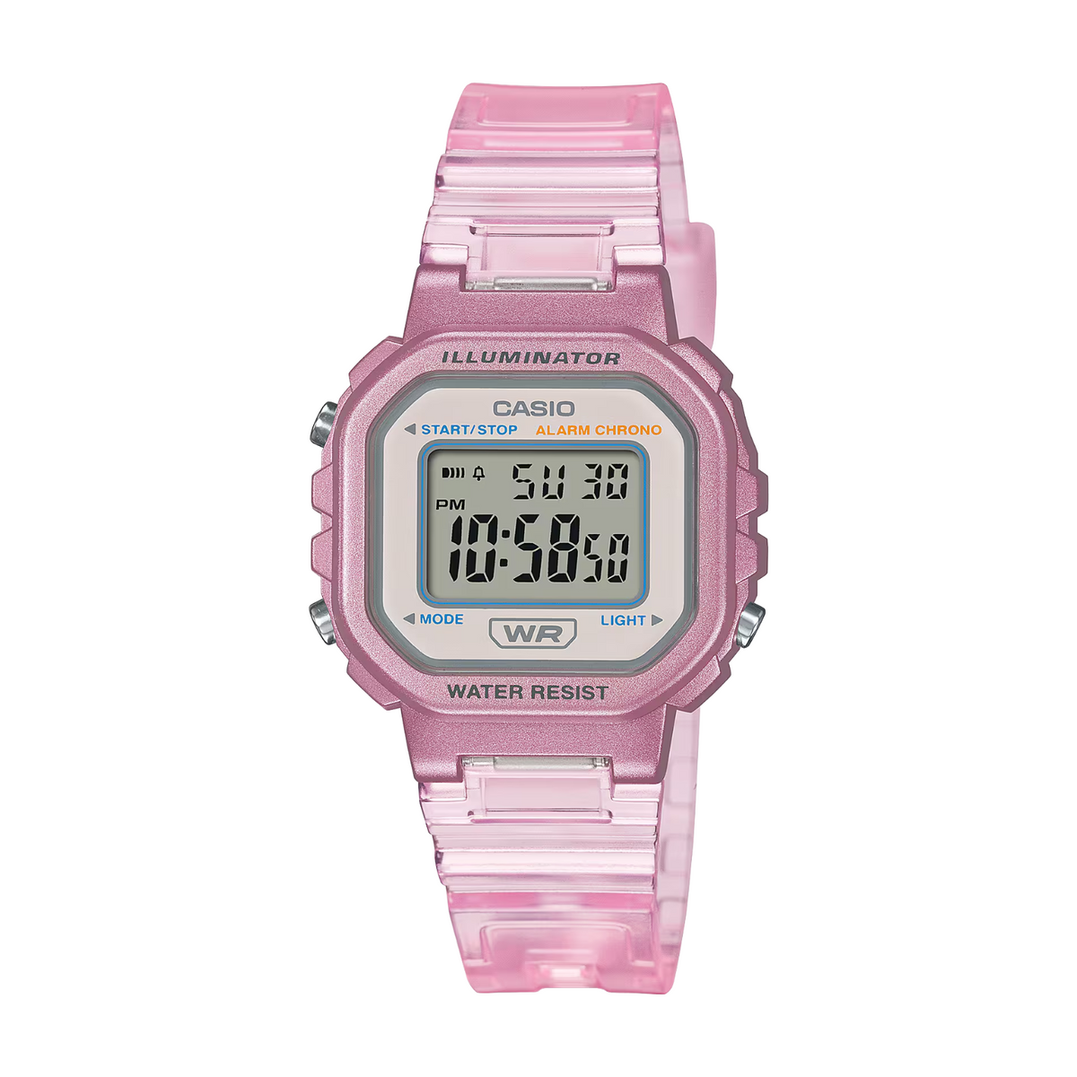 Pink Casio digital watch on a white background