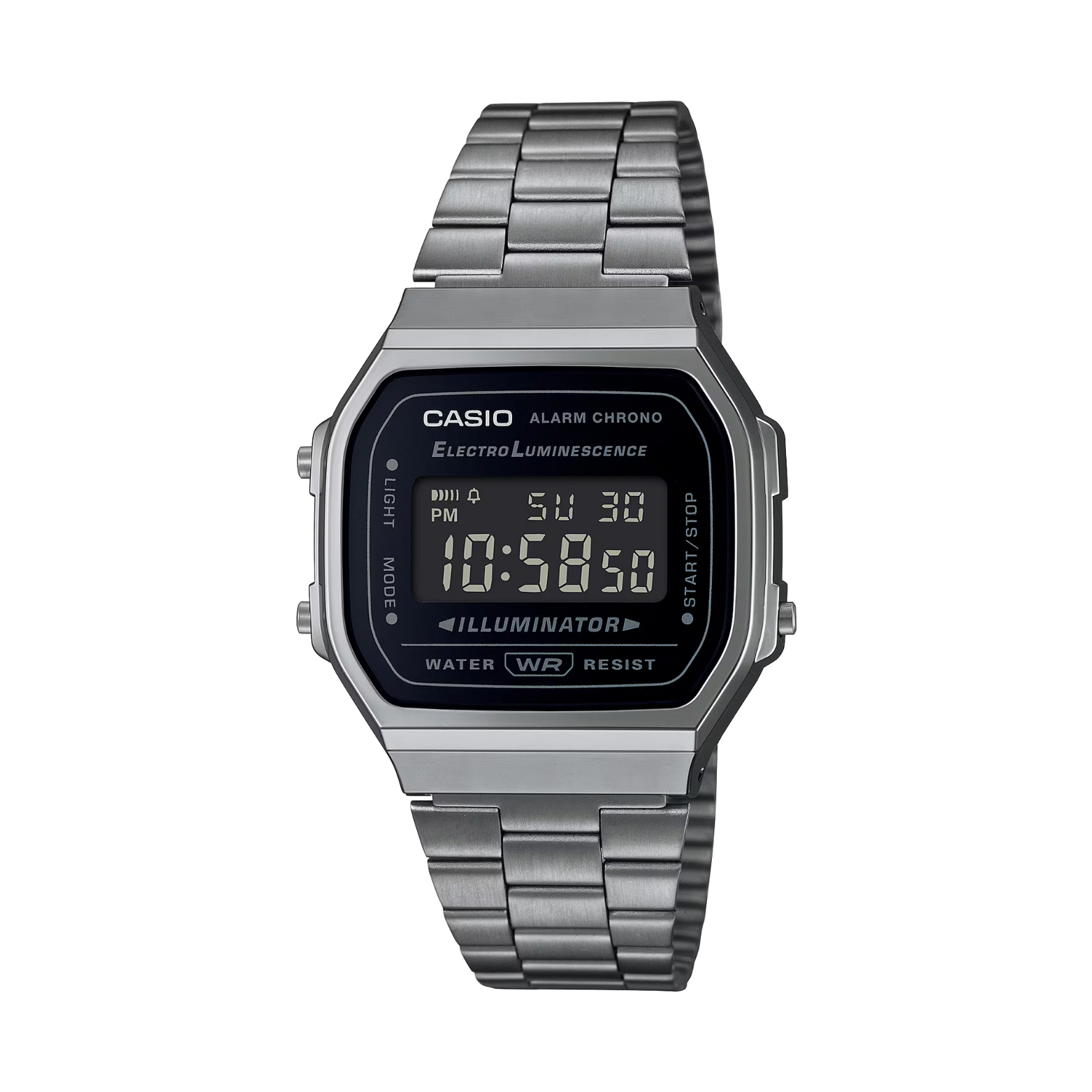 Casio digital watch with metal strap on a white background