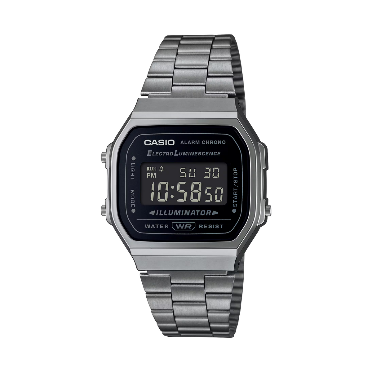 Casio digital watch with metal strap on a white background