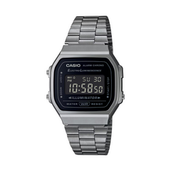 Casio digital watch with metal strap on a white background