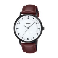 Casio watch with brown leather strap on a white background