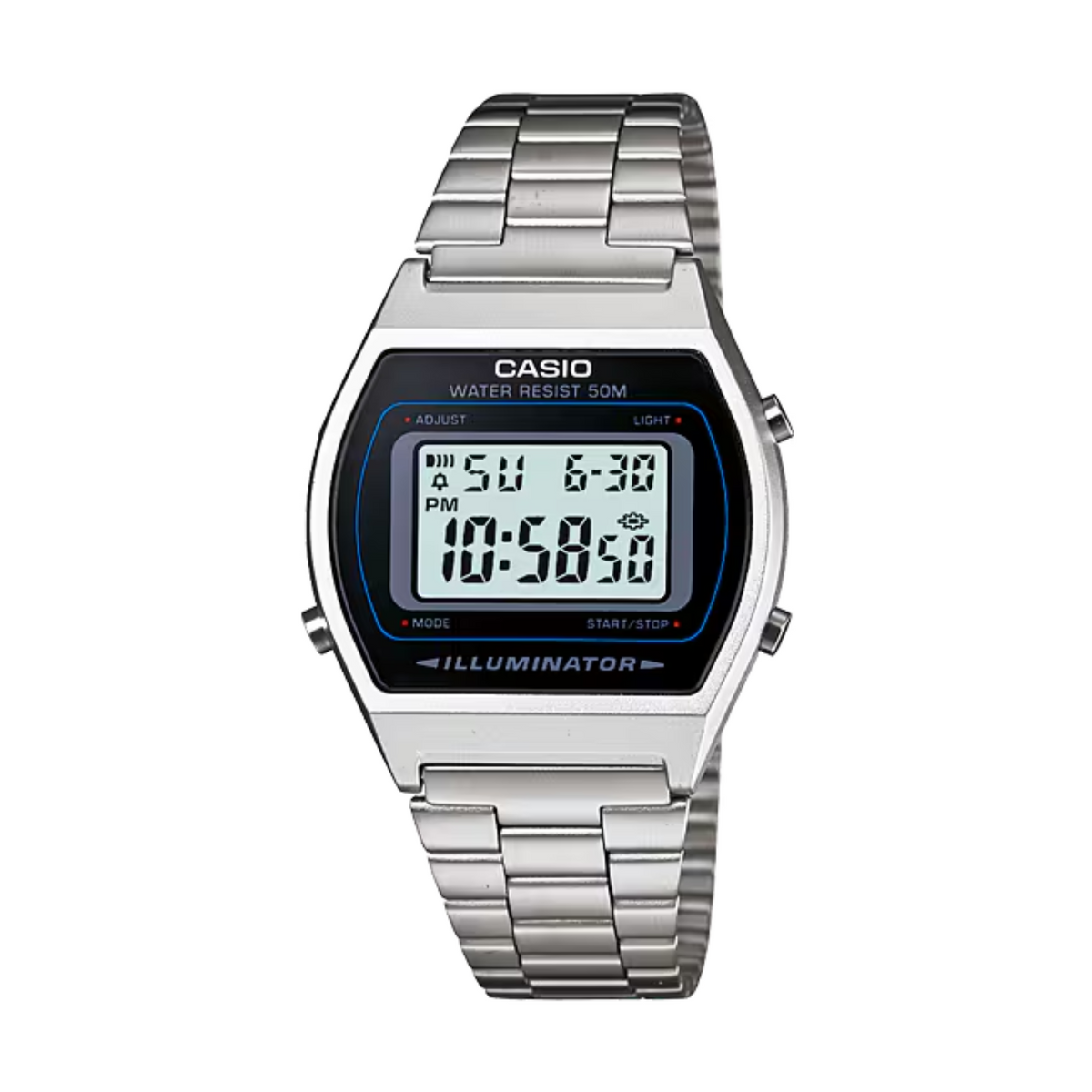 Casio digital watch with silver metal strap on a white background