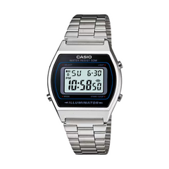 Casio digital watch with silver metal strap on a white background