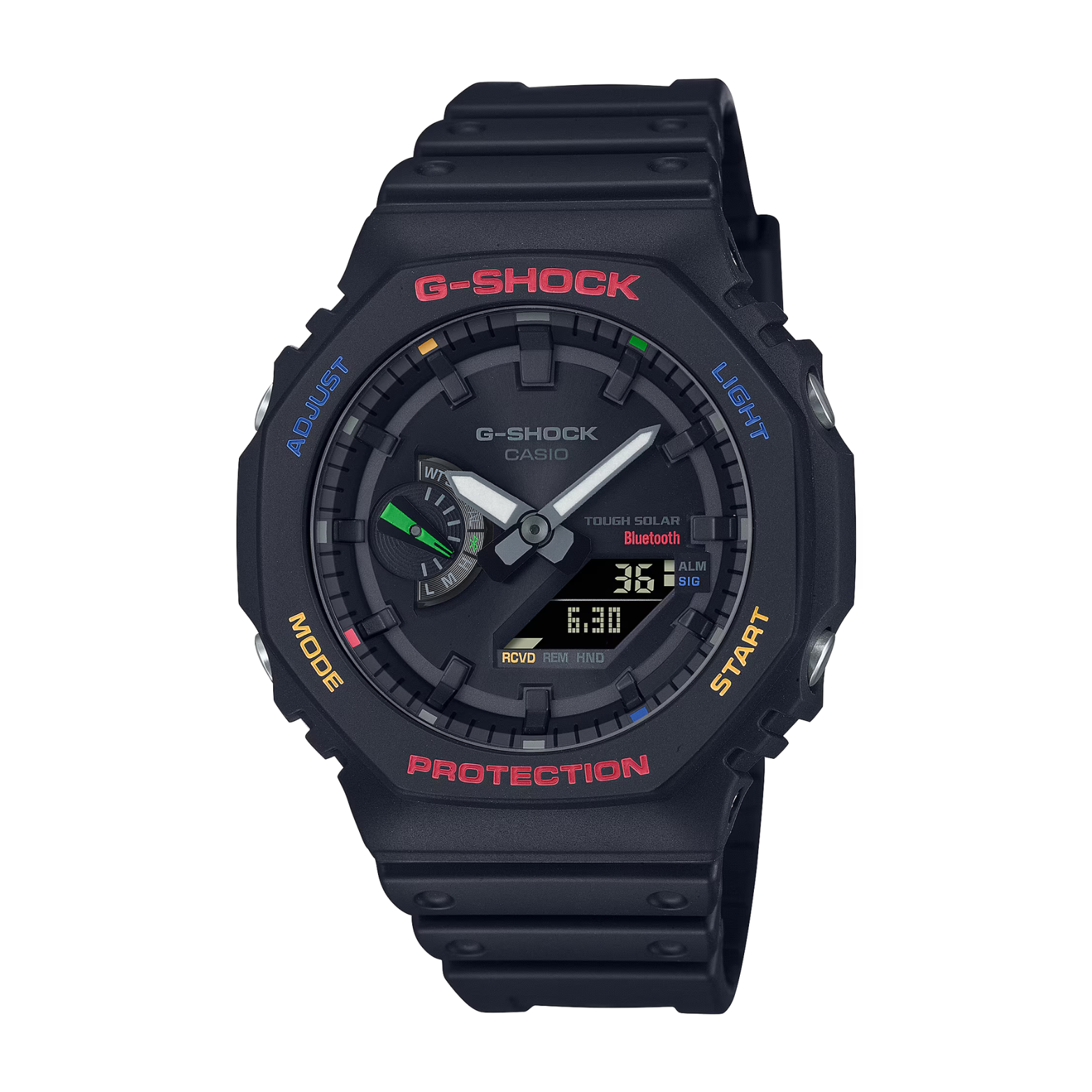 Black G-Shock watch with digital and analog display on a white background