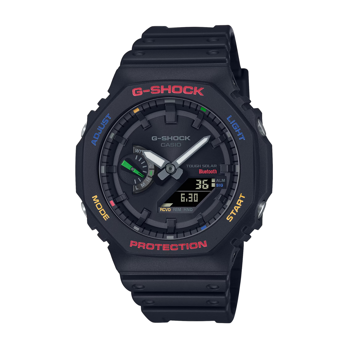 Black G-Shock watch with digital and analog display on a white background
