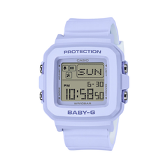 Digital watch with a light purple strap on a white background