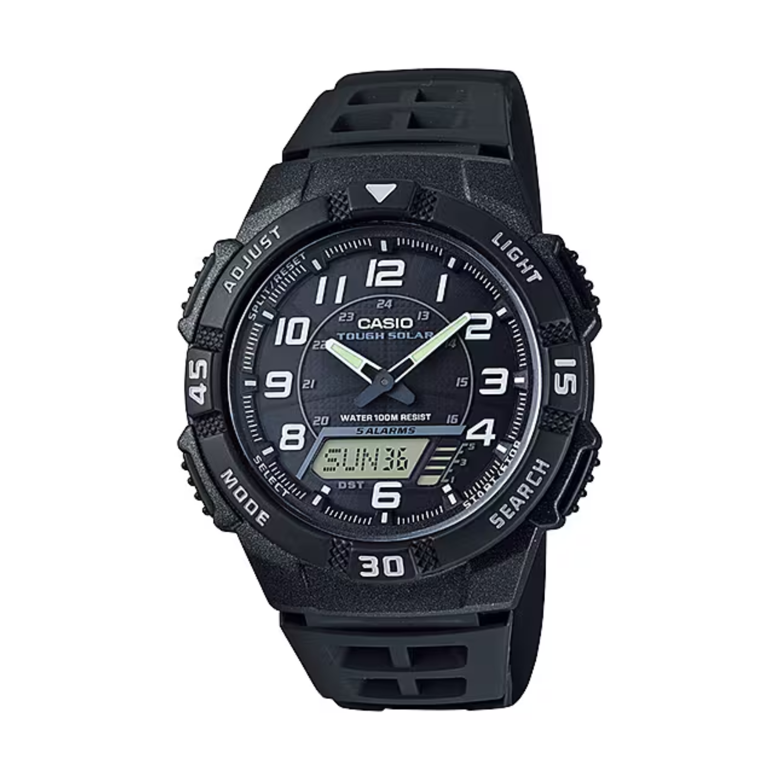 Black Casio watch with digital and analog display on a white background