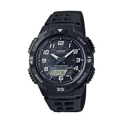 Black Casio watch with digital and analog display on a white background