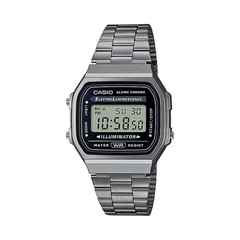 Silver Casio digital watch on a white background