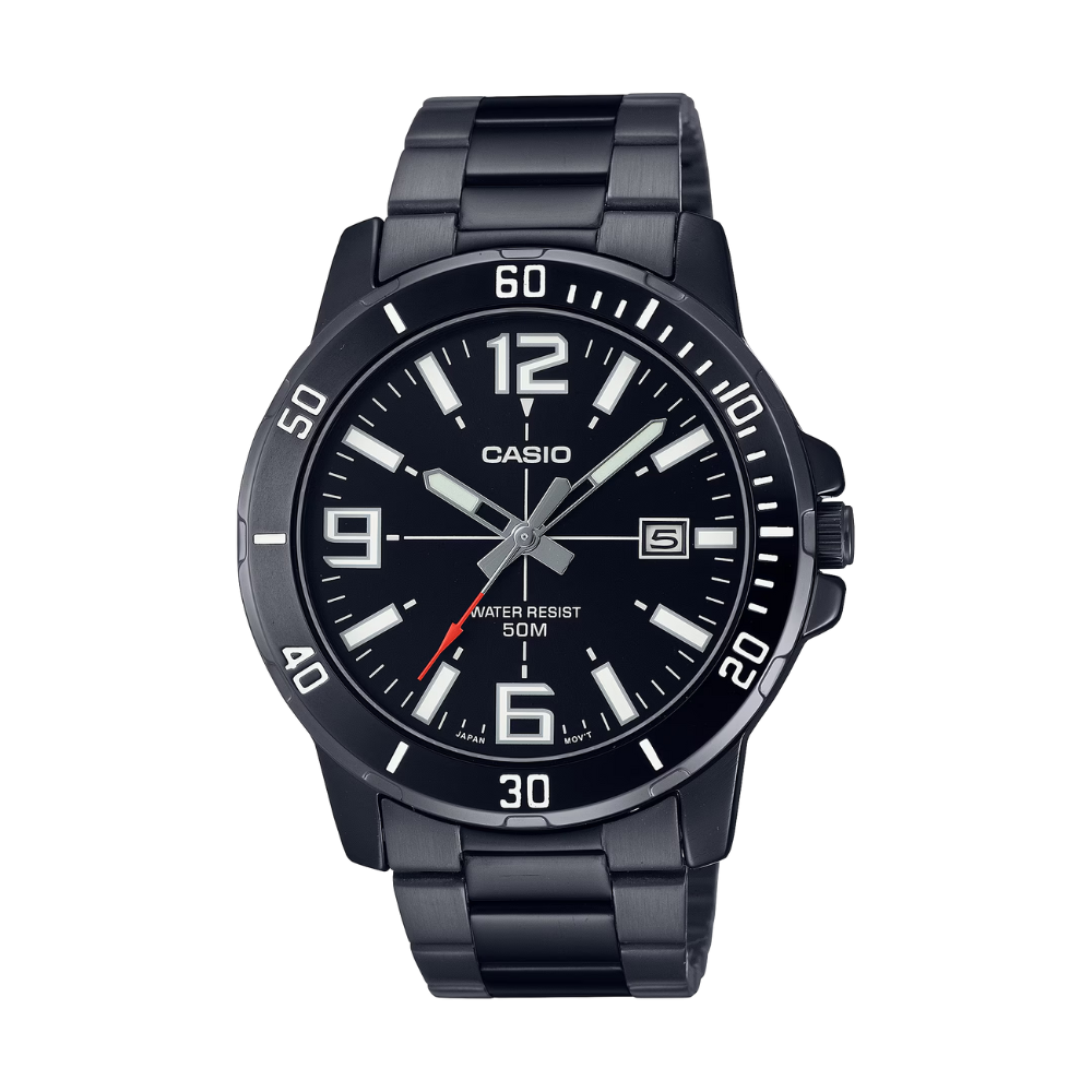 Black Casio watch with a white face on a white background