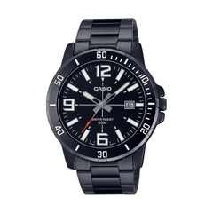 Black Casio watch with a white face on a white background