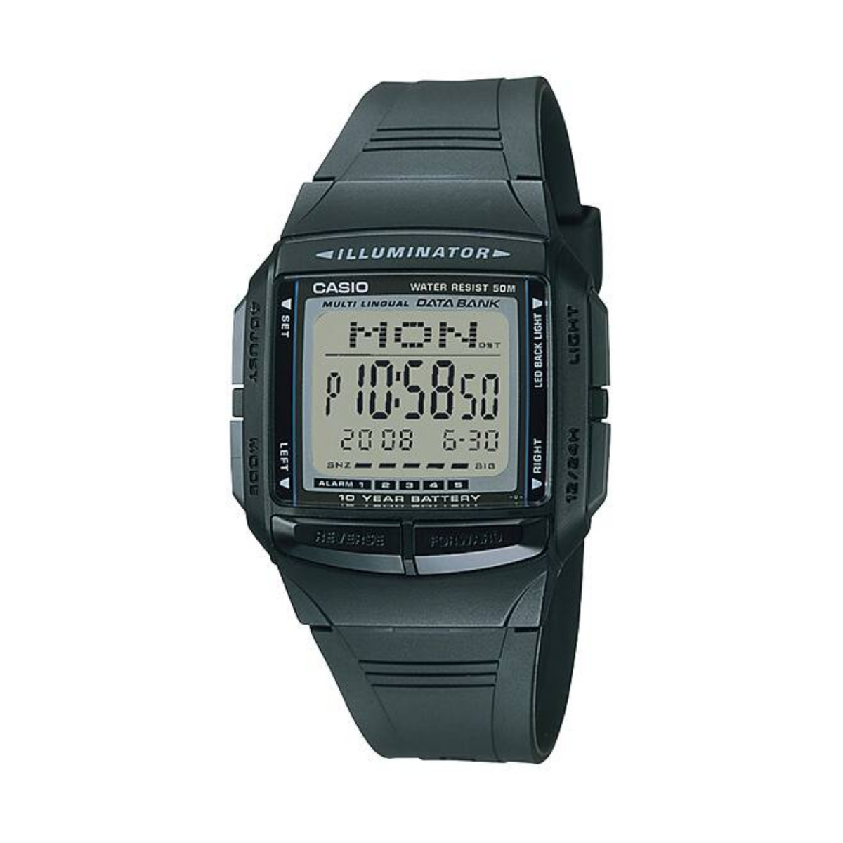 Black Casio digital watch on a white background