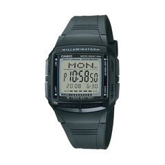 Black Casio digital watch on a white background