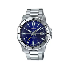 Casio watch with blue dial and silver metal strap on a white background