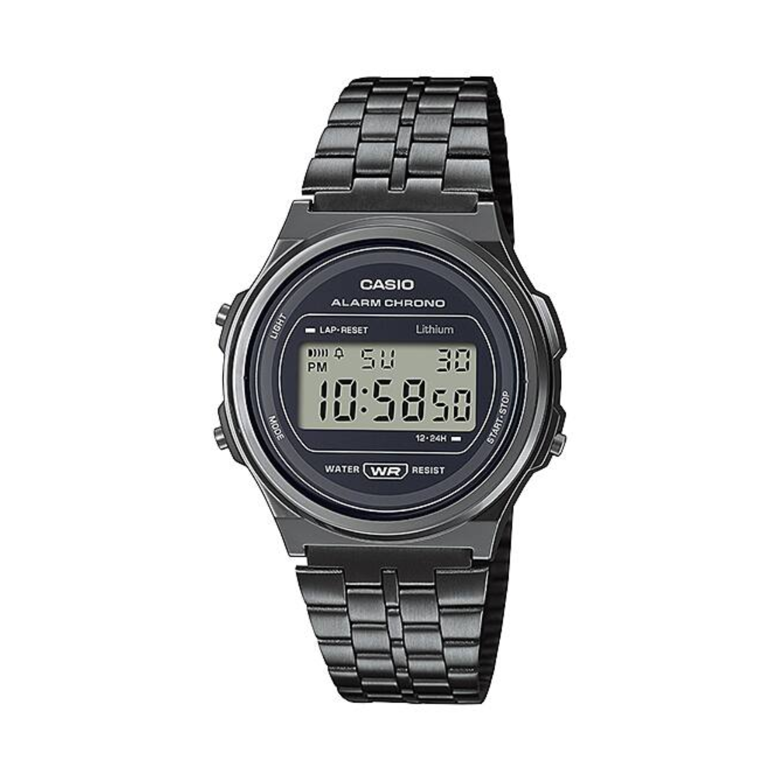 Black Casio digital watch on a white background