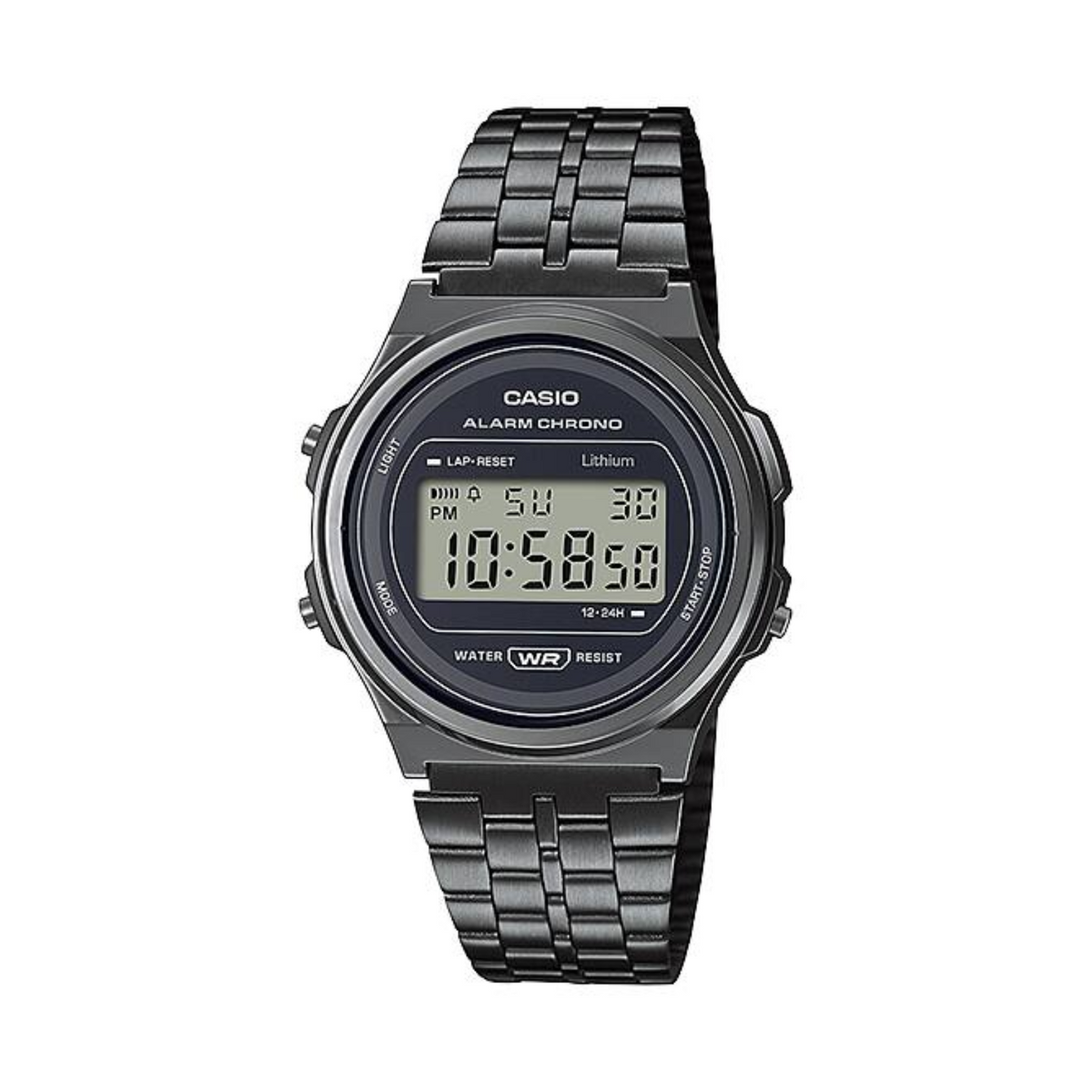 Black Casio digital watch on a white background
