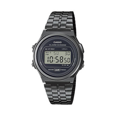 Black Casio digital watch on a white background
