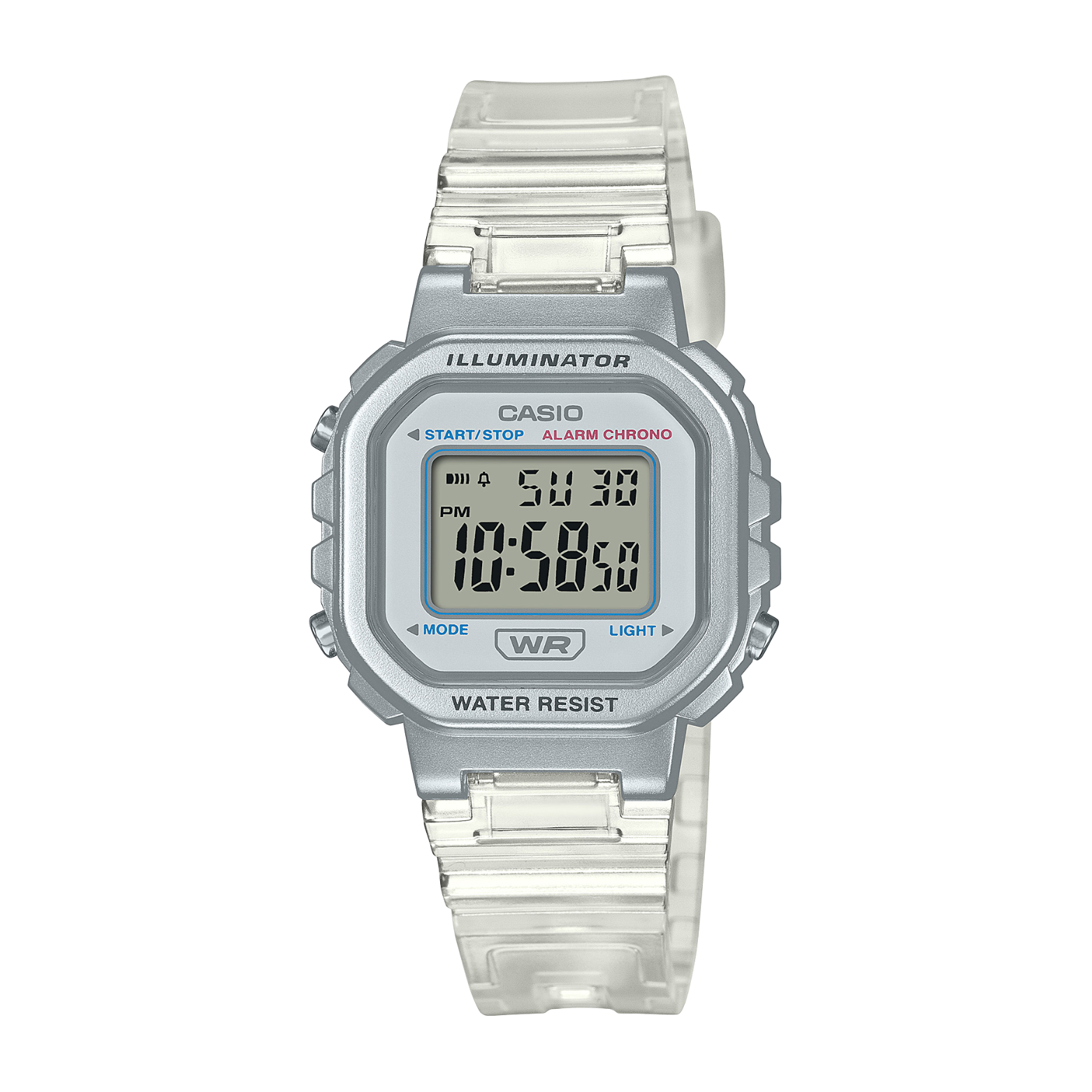 Silver Casio digital watch on a white background