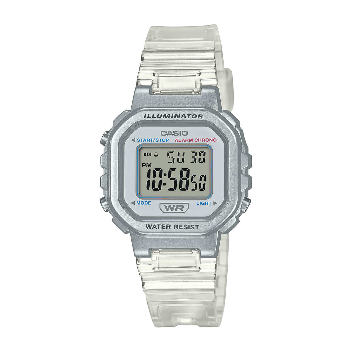 Silver Casio digital watch on a white background