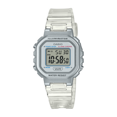 Silver Casio digital watch on a white background