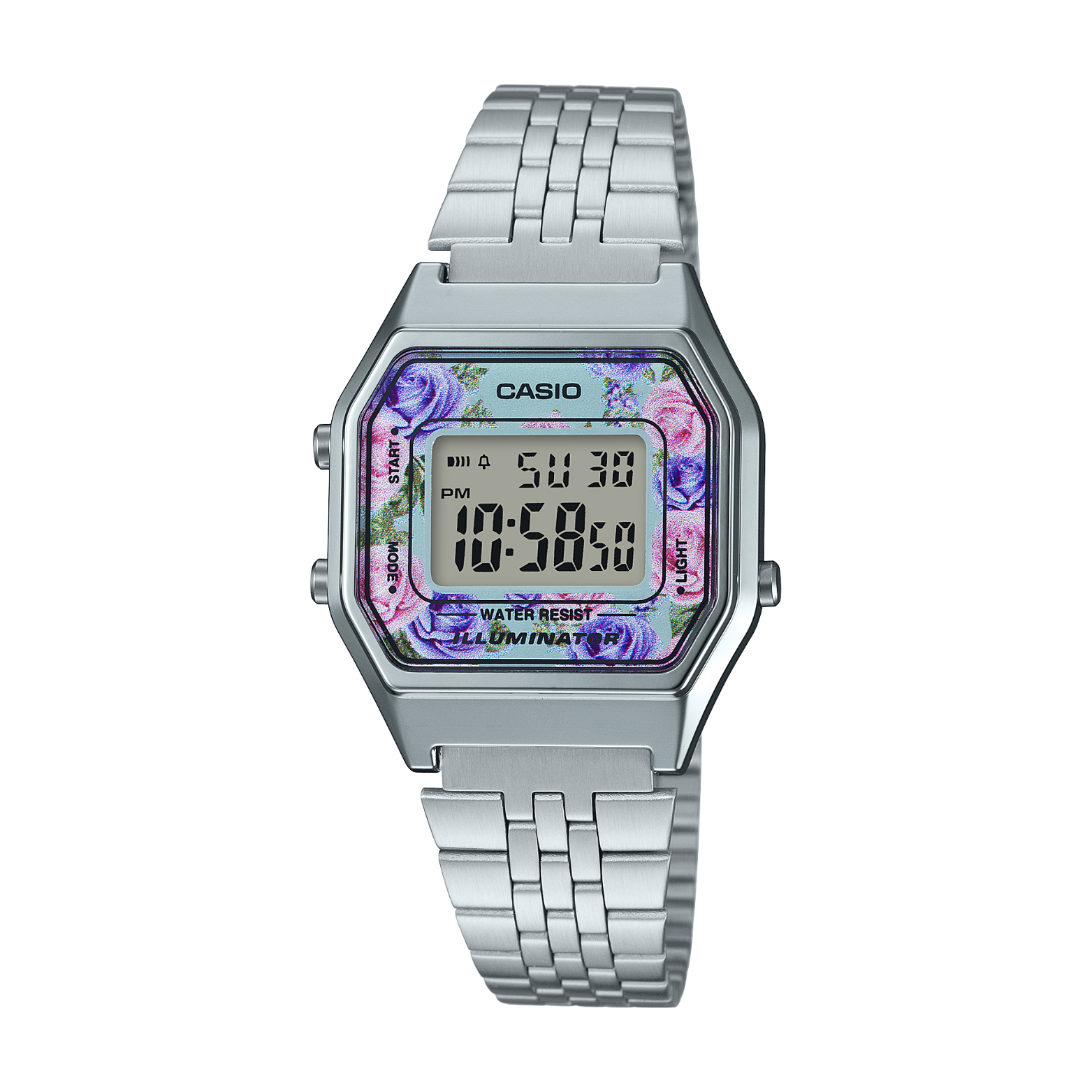 Casio digital watch with floral design on a white background