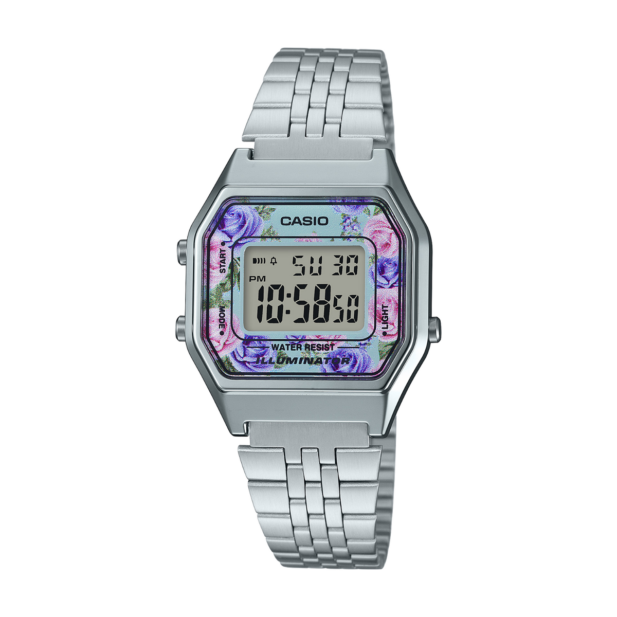 Casio digital watch with floral design on a white background