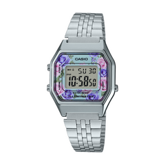 Casio digital watch with floral design on a white background