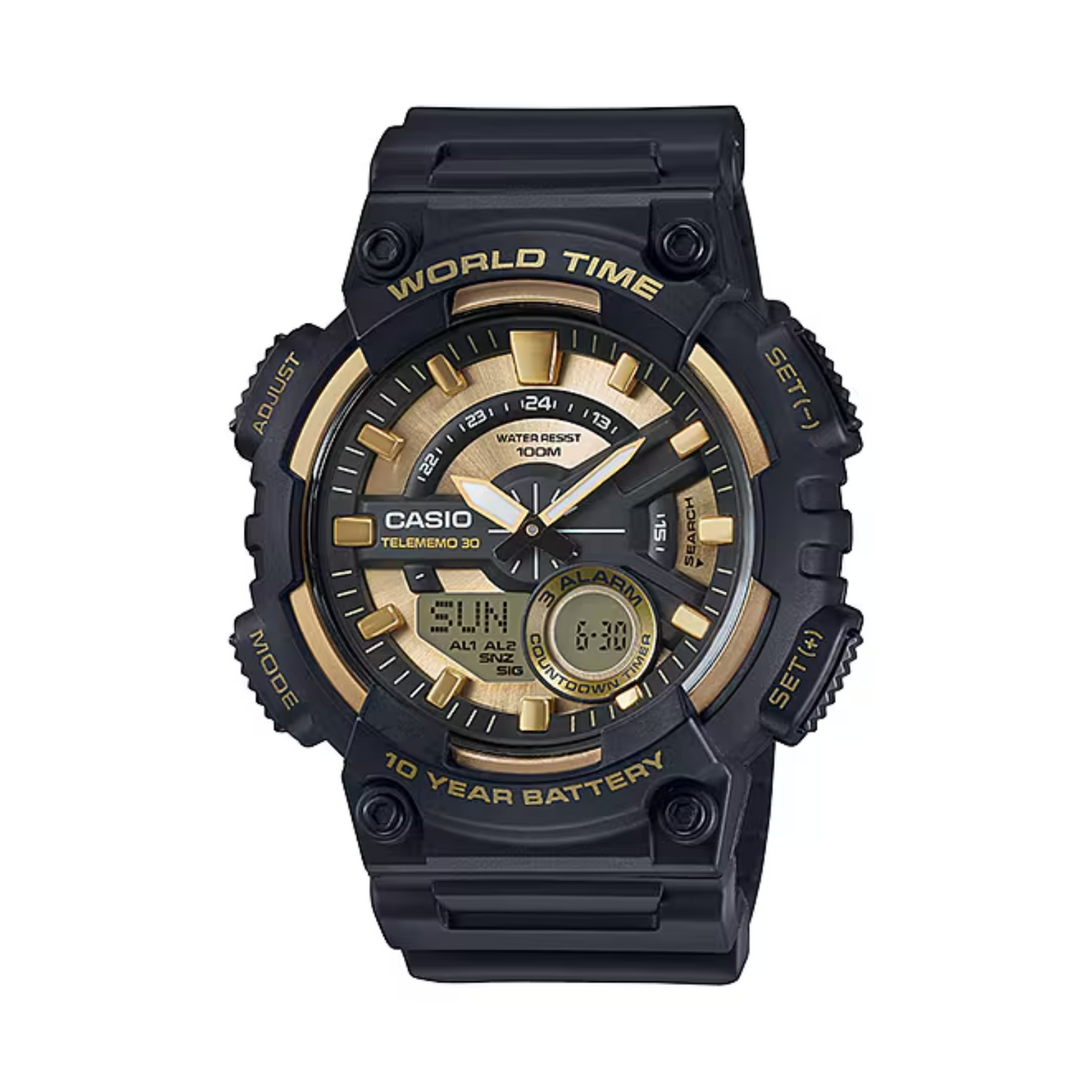 Black and gold Casio watch on a white background