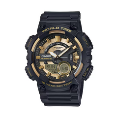 Black and gold Casio watch on a white background