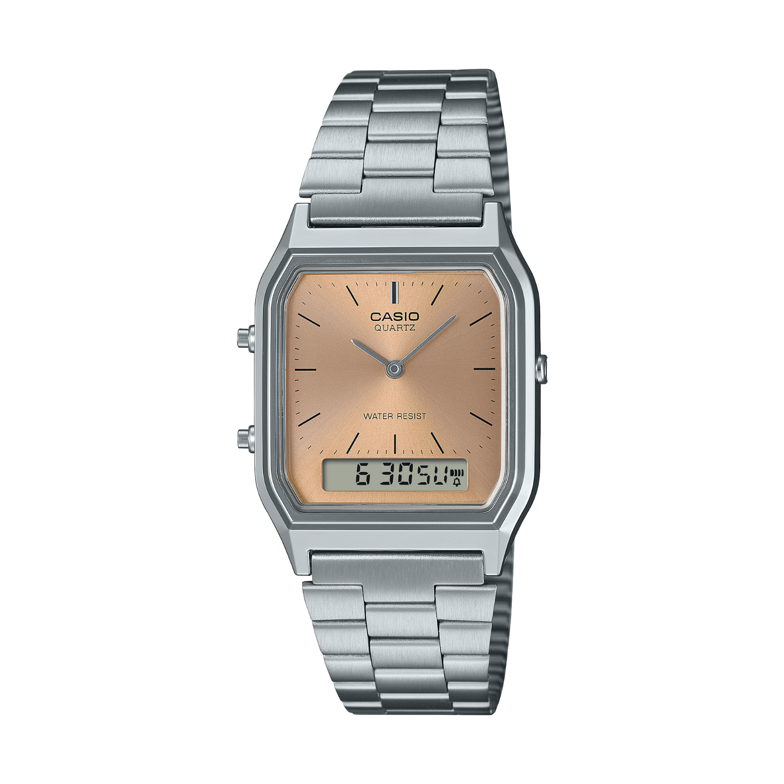 Casio watch with silver metal strap and beige face on a white background