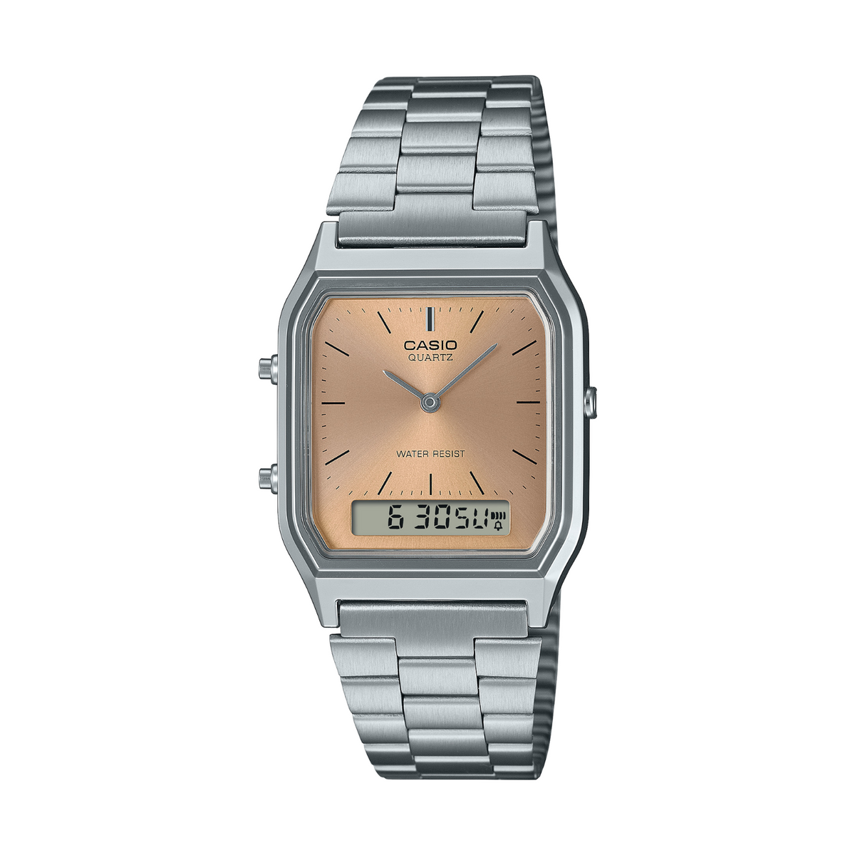 Casio watch with silver metal strap and beige face on a white background