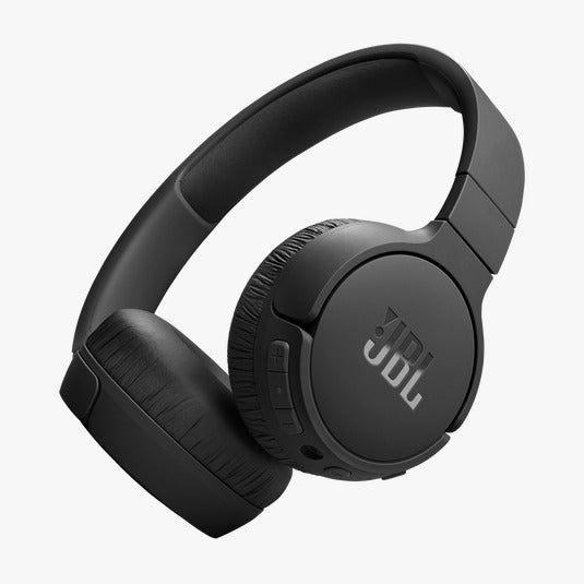 A pair of black JBL TUNE 670NC wireless over-ear headphones with noise(canceling) technology.