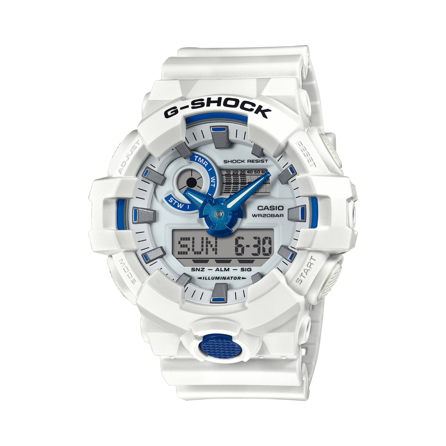 White Casio G-Shock watch with blue accents on a white background