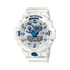 White Casio G-Shock watch with blue accents on a white background