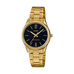 Gold Casio watch with black dial on a white background