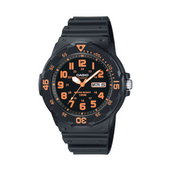 Black Casio watch with orange text on a white background