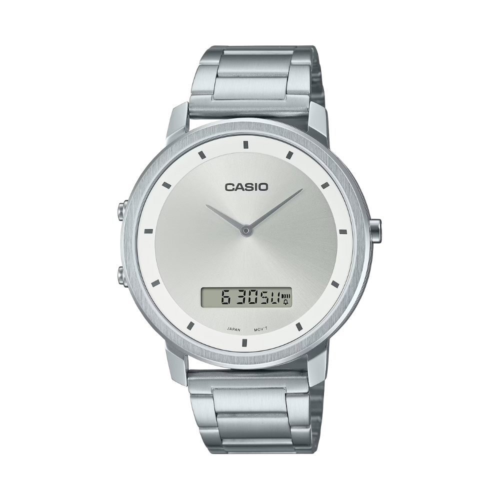 Silver Casio watch with digital display on a white background