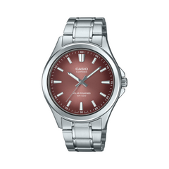 Casio watch with red dial and silver metal strap on a white background