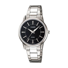 Casio watch with black face and silver metal strap on a white background