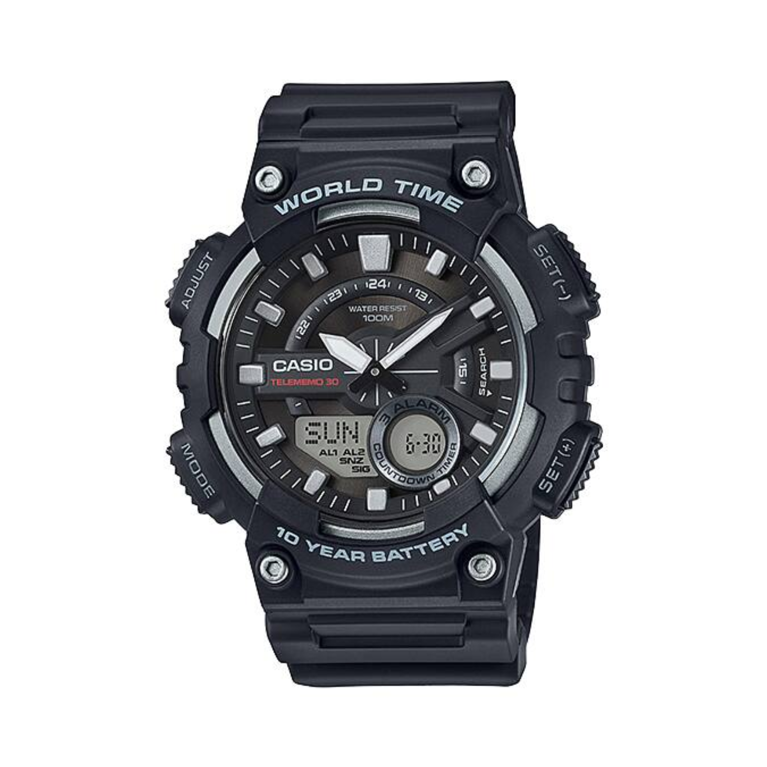 Black Casio watch with digital and analog display on a white background