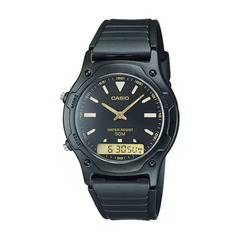 Black Casio watch with digital display on a white background