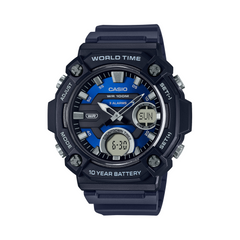 Casio watch with blue face and black casing on a white background
