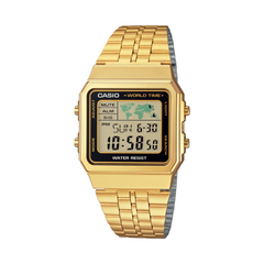 Gold Casio watch with digital display on a white background
