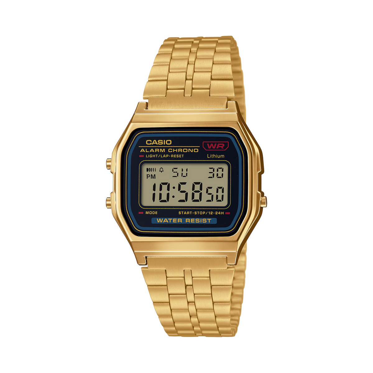 Gold Casio digital watch on a white background